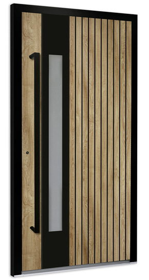 Haustürfüllung aus der neuen Produktserie Art Decor-Paneele mit Dekoroberfläche Turner Oak, tiefschwarz lackierten Nuten und Designfeld in Tiefschwarz Feinstruktur - © Foto: Rodenberg AG
