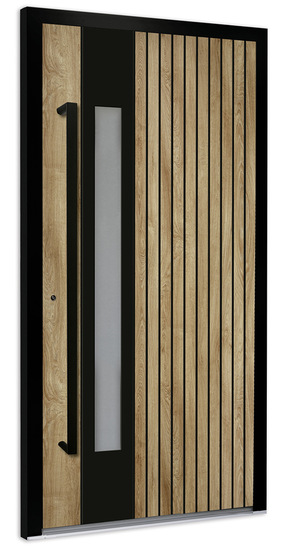  Haustürfüllung aus der neuen Produktserie Art Decor-Paneele mit Dekoroberfläche Turner Oak, tiefschwarz lackierten Nuten und Designfeld in Tiefschwarz Feinstruktur