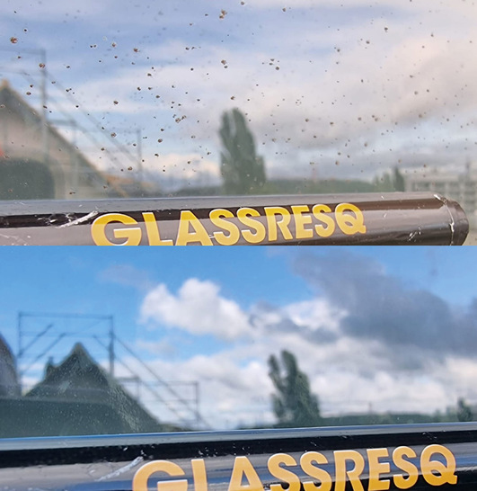  Vorher - Nachher: Oben die beschädigte Scheibe, unten die sanierte.