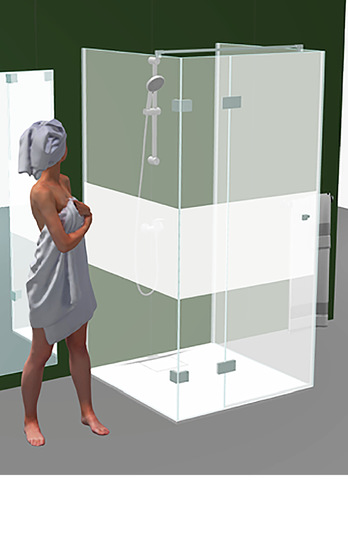  Hier die 3D Visualisierung einer Dusche. Diese ist für ­jedes Glas, ob mit Sprossen, ­Stufen Emaillierungen, Bearbeitungen möglich