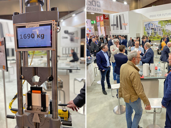  Links: Bei einem Flügelgewicht von 1690 Kg ist auch die festeste Verbindung ­ausgereizt … Rechts: Gut besuchter Messestand von Dr. Hahn.