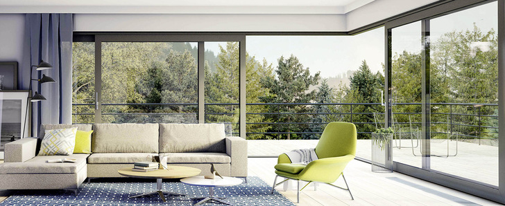  Das neue System HST Slide von Aluhaus überzeugt mit einem Optimum an Tageslicht in den Räumen. Auch moderne Ecklösungen sind im Angebotsprogramm enthalten.