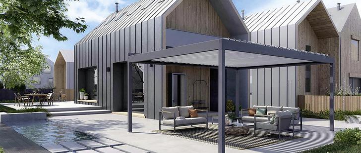 Als Variante Freestanding mit vier Pfeilern fügt sich die bioklimatische Pergola Alba mit der passenden Farbauswahl perfekt in die Umgebung ein.