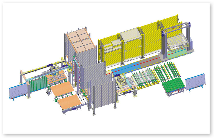 Der SortJet IG entkoppelt die Prozesse zwischen Fertigung und Versand. Die ­Beschickung der Gestelle startet erst, wenn alle Gläser eines Auftrags gefertigt sind.﻿