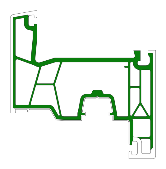 Der Flügelquerschnitt des Kömmerling-Profils in 76 mm. In Grün zu sehen sind die Volumenanteile, die aus Recyclat-PVC extrudiert werden. 