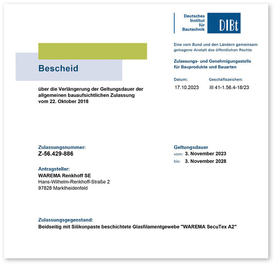 ﻿Dieser Bescheid verlängert die Geltungsdauer der allgemeinen bau­aufsichtlichen Zulassung Nr. 56.429-886 vom 22. Oktober 2018.