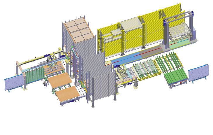 Isolierglas-Sortierung: Hegla präsentiert eine neue Kompaktlösung aus kombinierten Trocken- und Sortierfächern für eine hohe ­Produktivität und ­einen optimierten Bereitstellungsprozess der Scheiben für den Versand.