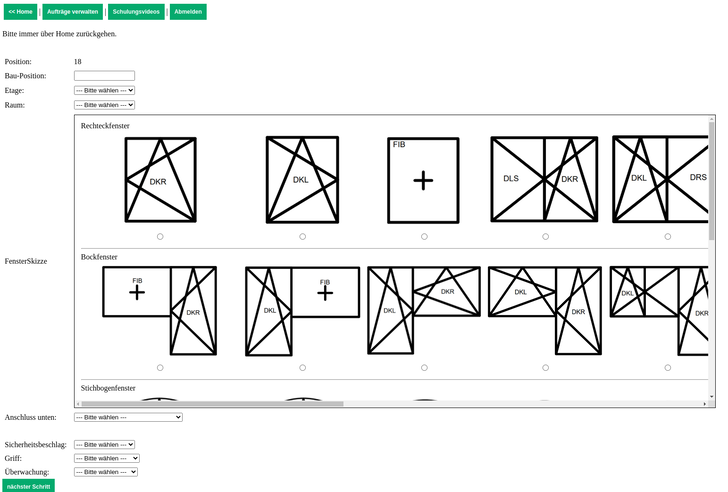 Die Auswahl an Fenstertypen (Rechteckfenster, Bockfenster, Stichbogenfenster, Rundbogenfenster) kann mit eigenen Zeichnungen erweitert werden, direkt auf der Baustelle wo das Aufmaß erfolgt.