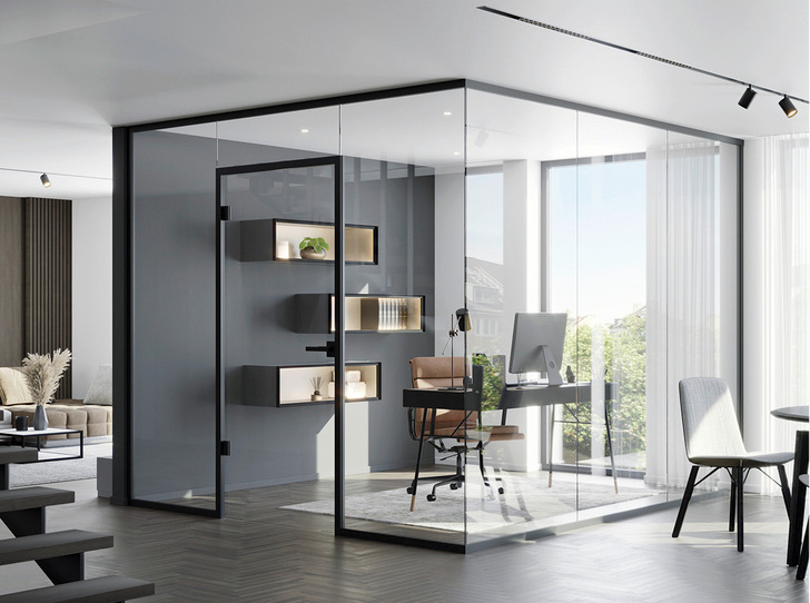 Bei Schüco Interior AP VS 43 ST lassen sich Gläser und andere Materialien von 10 bis 45 mm Dicke stufenlos integrieren