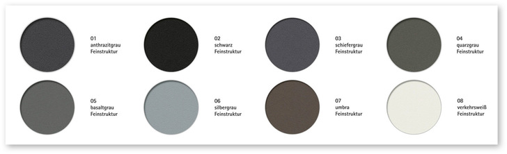 Die Farbpalette von VEKA Feinstruktur umfasst acht derzeit im Trend liegende Farbtöne für Fenster: anthrazitgrau, schiefergrau, basaltgrau, umbra, schwarz, quarzgrau, silbergrau und verkehrsweiß.