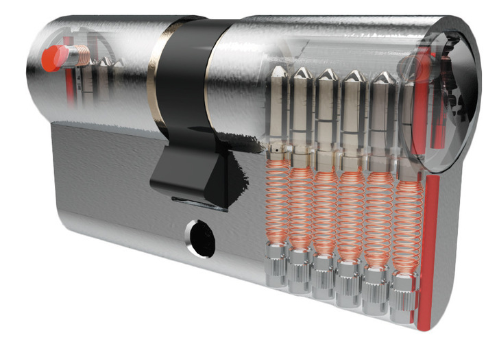 Das „Anker K“ von Ankerslot verfügt zum einen über sechs kon-ventionelle Stiftzuhaltungen, zum anderen über einem seitlichen Sicherheits-stift mit patentierter Magnettechnologie.