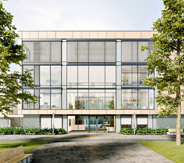 Ob als Markise oder als Raffstore: Der neue Pfosten-Riegel-Sonnenschutz integriert sich optisch perfekt in die Gebäudehülle.