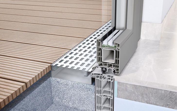 Beim Türschwellensystem Combi Plan bildet die Türschwelle mit dem Außen- und Innenbelag eine Ebene.