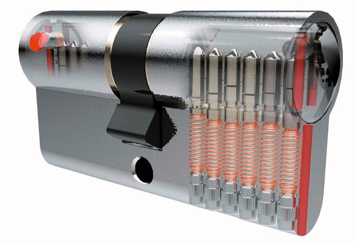 Das „Anker K“ von Ankerslot verfügt zum einen über sechs ­konventionelle Stift­zuhaltungen, zum anderen über einem seitlichen Sicherheits-stift mit patentierter Magnettechnologie.