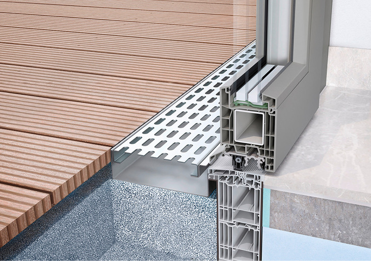 Beim Türschwellensystem Combi Plan bildet die Türschwelle mit dem Außen- und Innenbelag eine Ebene.
