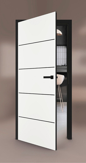 Diese Garant-Tür kombiniert hochmattes Weiß mit eleganten schwarzen Details