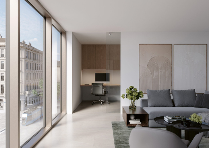 Gern, hier ist ein optimierter, fachlich passender Alt-Text für die Zielgruppe und Kontext: Optimierter Alt-Text: _Klimatisierter Wohnraum mit großer Glasfront, sichtbar integrierter Deckenkassetten-Klimaanlage sowie moderner Lüftungstechnik; Verglastes Homeoffice im Hintergrund zeigt energiesparende Gebäudetechnik zur effizienten Raumkühlung._ Möchtest du noch zusätzliche Alternativen oder spezifische an Themenschwerpunkte (z.B. Kaltwassererzeugung, Wärmerückgewinnung) innerhalb deiner Bilddatenbank?. - © Hawa Sliding Solutions