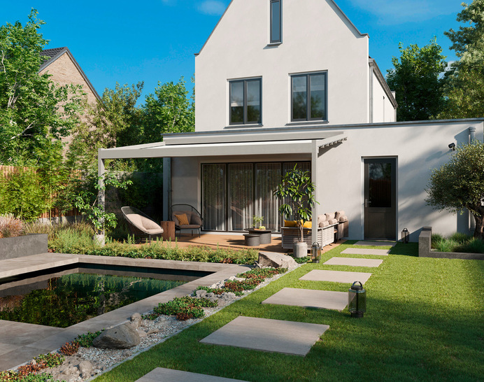 Das auffahrbare PVC-Stoffdach Qube Lounge schützt bei Sonne und Regen und verwandelt die Terrasse in einen ganzjährigen Wohn- und Lebensraum.