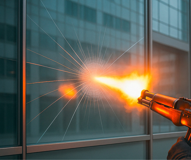 Schemabild: Bei Polycarbonat-Glas-Laminaten übernimmt das Polycarbonat mit seiner Schlagzähigkeit die Rolle der energieabsorbierenden bzw. -verteilenden Schicht – gerade auch bei  Beschuss und dynamischen Lasten.