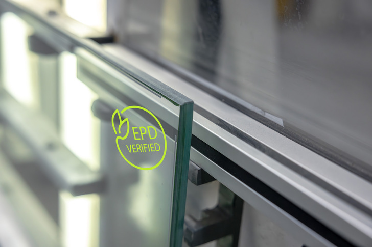 Nahaufnahme einer Glasscheibe mit einem grünen "EPD-geprüften" Umweltzeichen neben einem Metallrahmen. - © Fineo
