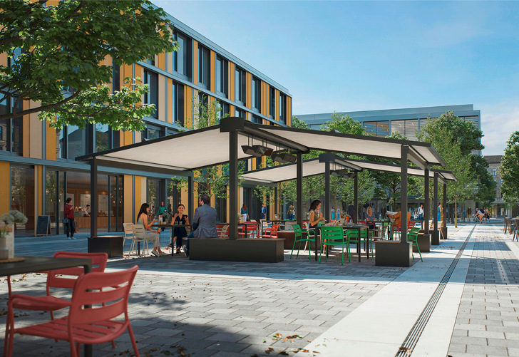 Das Markisen-Freigestell ist ein- oder zweiseitig bestückbar. Die Montage erfolgt auf Betonfundamenten oder mit Hilfe von flexibel positionierbaren Beschwerungskästen.