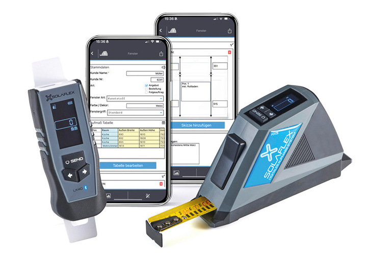 Effizient messen – mit System. Das Solaflex Aufmaß-System vereint digitale Mess­geräte mit der Aufmaß-App für exaktes Arbeiten auf der Baustelle.