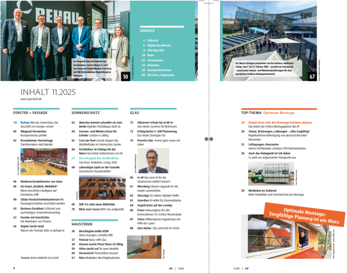 Magazinseite mit einer Inhaltsseite, Fotos von Menschen, Produkten und modernen Gebäuden sowie farbigen Rubrikenüberschriften. - © GW