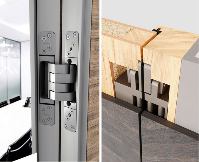 Das verdeckt liegende Band „Pivota DX 110 3-D“ überwindet Aufdopplungen auf Flügel- und Zargenseite bis zu 10 mm. Die Tragfähigkeit beträgt 100 kg pro Paar.