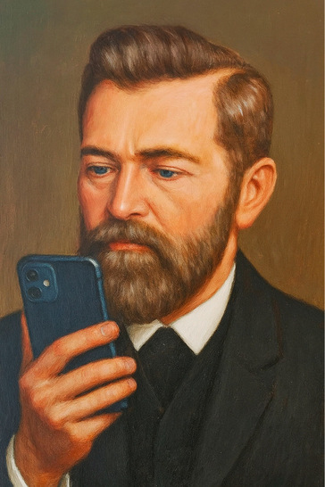 Mittels KI ins Jahr 2026 geholt: Firmengründer Ernst Selve wäre erstaunt, welche smarten Möglichkeit es heute gibt. Ausgestattet mit Smartphone und viel Neugierde würde ihn als Pionier sicherlich intelligente Technik faszinieren.