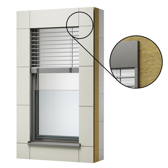 Das Laibungsmodul mit integriertem Raffstore verbindet leistungsfähigen Sonnenschutz mit einem durchgängig klaren Fassadenbild. Die präzise abgestimmte Aluminiumblende verbirgt das Lamellenpaket vollständig – auch bei großen Höhen. Durch die modulare Bauweise entstehen homogene Ansichten über mehrere Fenster-achsen hinweg. Das System erfüllt aktuelle Wärmeschutzanforderungen und ist WDVS-kompatibel.