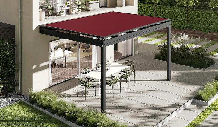 Das Terrassendach Teracubic lässt sich mit unterschiedlichen Extras erweitern, beispielsweise mit der Aufdachmarkise Wisola, oder der  Unterdachmarkise „Wivara“.