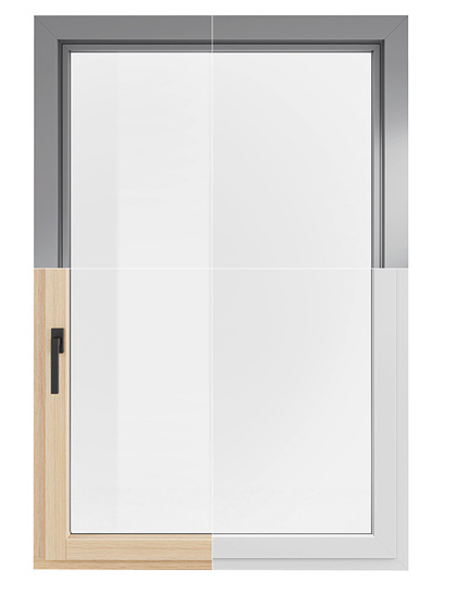 Außen ident, innen gleiches Design: Holz/Alu-Fenster Amber (links) & Kunststoff/Alu-Fenster Zirkon (rechts) als harmonische und preisoptimierte Kombination.