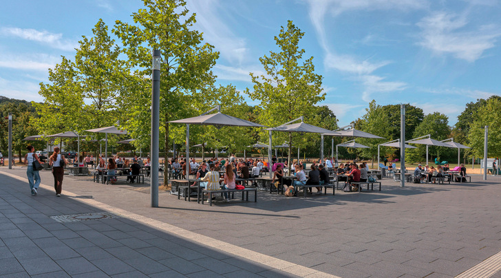 Durch die seitliche Mastkonstruktion lassen sich die Schirme auch über den Tischen bequem öffnen und schließen, eine ideale Lösung für die belebte Außenfläche auf dem Mensavorplatz.