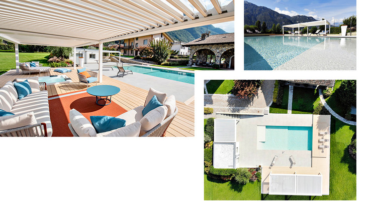 Der regulierbare Schatten der bioklimatischen Pergola-Markise Kedry Prime, die mit seitlichen vertikalen Vertika-Beschattungen ergänzt wurde, schafft rund um die Poolanlage optimale ­Bedingungen für die Gäste in einem exklusiven Ambiente.