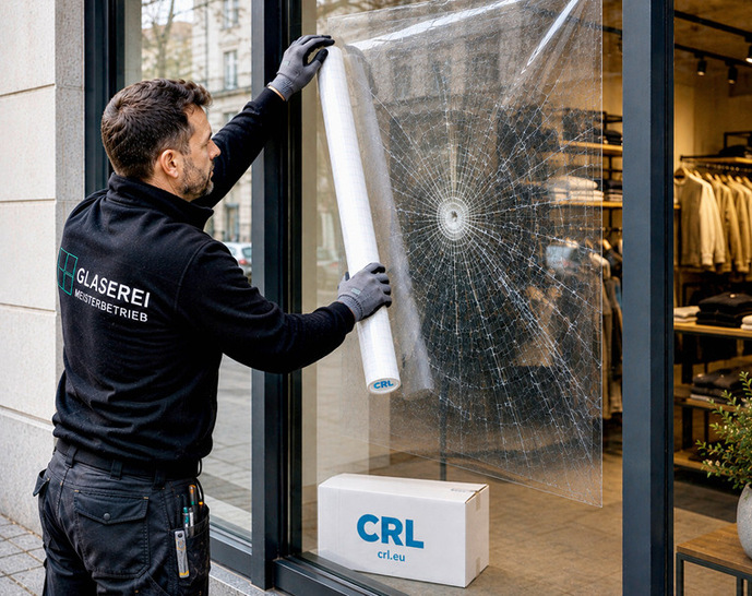 Die für den Notfalleinsatz entwickelte, selbst­klebende Folie wird direkt auf das beschädigte Glas aufgebracht.