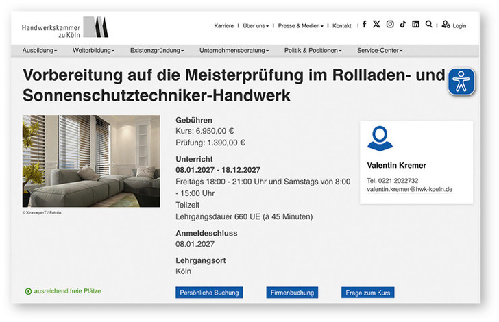 Der Unterricht findet vom 08.01.2027 – 18.12.2027 an Freitagen 18:00 – 21:00 Uhr und Samstagen von 8:00 – 15:00 Uhr in Teilzeit statt.