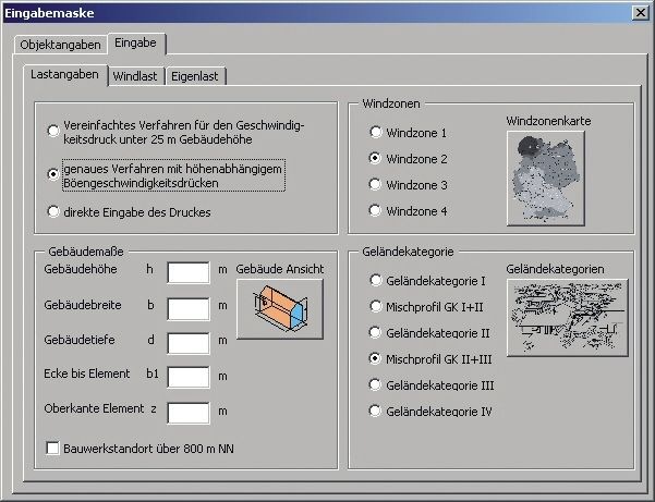 Eingabemaske des Gealan Statikprogramms