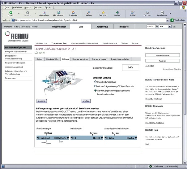Über eine Tachoskala am unteren Rand der Seite sieht der Nutzer sofort den Effekt einer gewählten Maßnahme hinsichtlich des Energiebedarfs, der Investitionskosten, der Förderstandards nach KfW (Kreditanstalt für Wiederaufbau) sowie der Amortisationszeit.