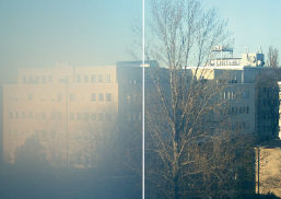 Schaltbares, thermotropes SonnenschutzglasDie rechte Hälfte des thermotropen Sonnenschutzglases ist im off-Zustand und somit durchsichtig. Die linke Scheibenhälfte ist nach Erwärmung im on-Zustand, und damit transluzent. Der Wechsel von klar zu lichtstreuend erfolgt automatisch in Abhängigkeit der Temperatur.