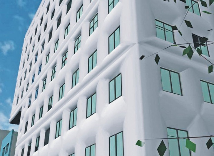 Künftig könnte die ­Energieleistung bzw. der Isolierungsgrad einer Fassade ­variabel angepasst werdenSimulationsbild ­einer Gebäudefassade mit adaptiver Isolierung. ­Diese lässt sich bei ­Bedarf mit Luft befüllen oder entleeren, was die Dämmleistung steigert oder senkt.