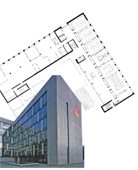 Sikas neues TechnologiezentrumDas um den winkelförmigen Innenhof mit See­rosenbecken angelegte Gebäude ist ein Zweckbau mit hoher Funktionalität.
