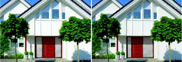 Beispiel zur Fassadenanalyse (02)Im linken Bild wird die Linienführung der darüberliegenden Fenster durch die symmetrische Türanlage mit zwei gleich großen Seitenteilen unterbrochen. Der Eingang scheint nicht zum Haus zu passen. Anders beim rechten Bild. Die Linien werden aufgegriffen und automatisch wird ein Bezug zur Fassade hergestellt.