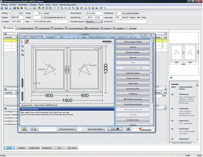 Die Positionserfassung aus Logikal für umfangreiche Aluminiumkonstruktionen (Fassaden und Wintergärten) bindet sich nahtlos in das ERP-System von Cantor ein.