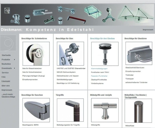 Auf der Website finden Verarbeiter eine umfassende Auswahl an Edelstahlbeschlägen für den konstruktiven Glasbau und das Interieur.