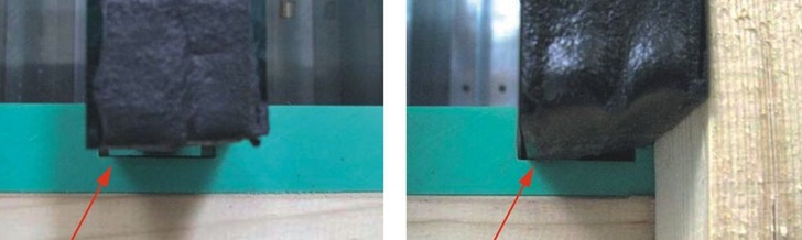 _01 Absinken der nicht geklotzten Scheiben nach der Prüfung mit Klimalast (li.) und statischer Zusatzlast (r.)Links: Der Polysulfid-Randverbund nach dem Test mit Luft zwischen äußerer freier Scheibe und „Falzgrund“ (Pfeil), rechts mit um 5 mm bis auf den „Falzgrund“ abgesunkener äußerer freier Scheibe (Pfeil).