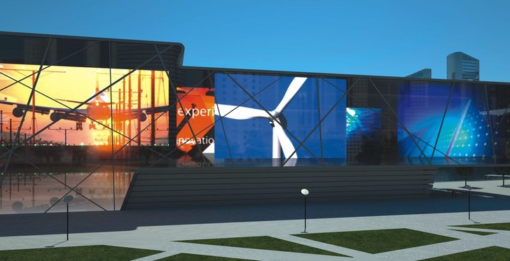 Die Fassade wird zum DisplayDie einzelnen ISOModule (max. 350 x 270 cm) lassen sich so zusammensetzen und ansteuern, dass aus den Fassadengläsern ein Mega-Bildschirm entseht.