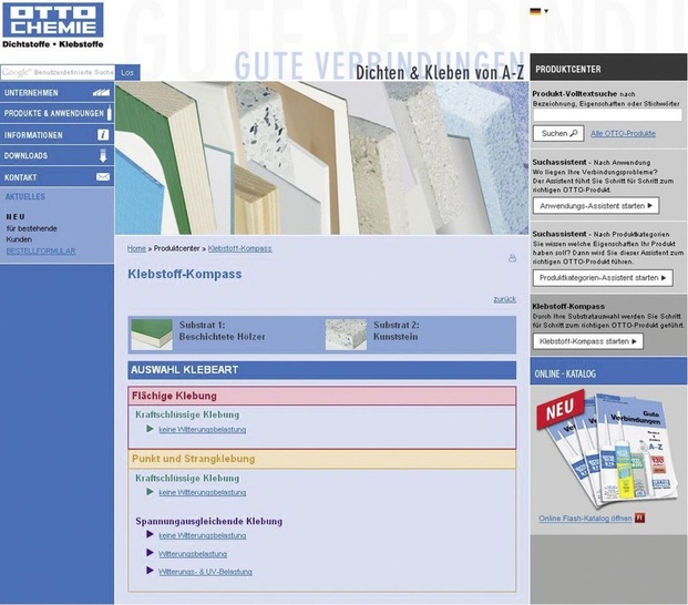 Mit wenigen Klicks führt der Klebekompass zu den für die jeweilige ­Klebeaufgabe passenden Produkten.