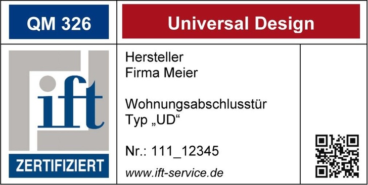Kennzeichnung einer Wohnungs­abschlusstür als Universal Design-zertifiziertes Produkt