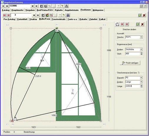 Der Stich des Spitzbogens ist frei wählbar und kann auch in der freien Konstruktion eingesetzt werden.Die einzelnen Bogenmaße können als Radien oder als Stichhöhen angezeigt werden.