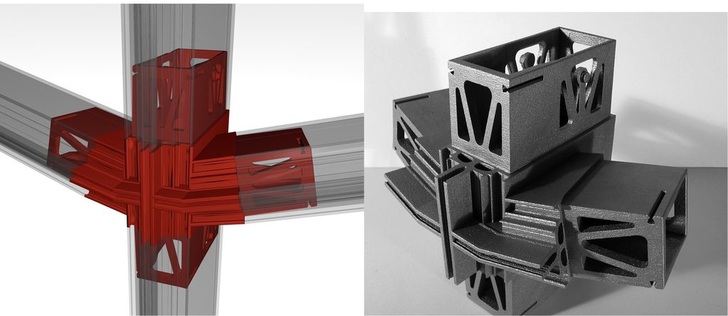 Nematox-Fassadenknoten wurden digital geplant und additiv hergestellt: links ein Rendering und rechts der gebaute Knoten in Aluminium.